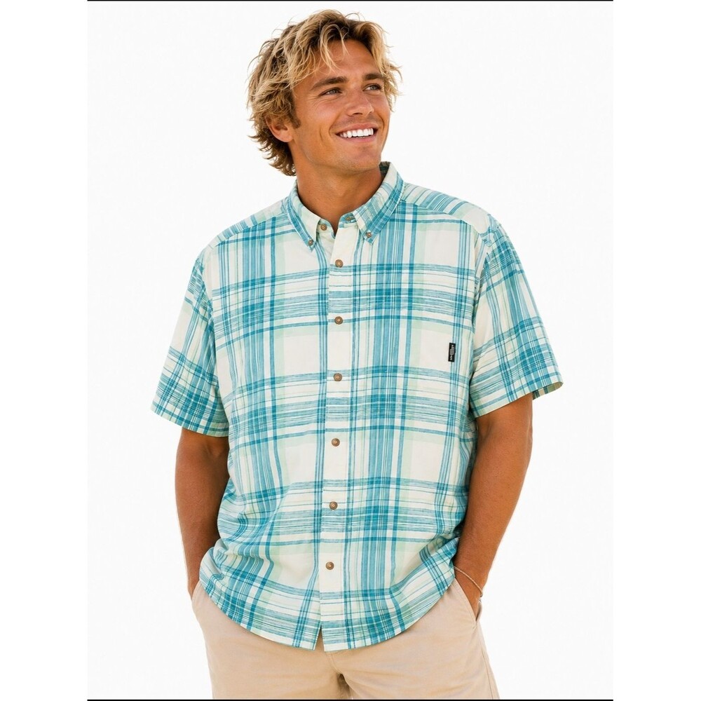 Columbia Short-Sleeve Plaid Button-Down Shirt - Teal & White